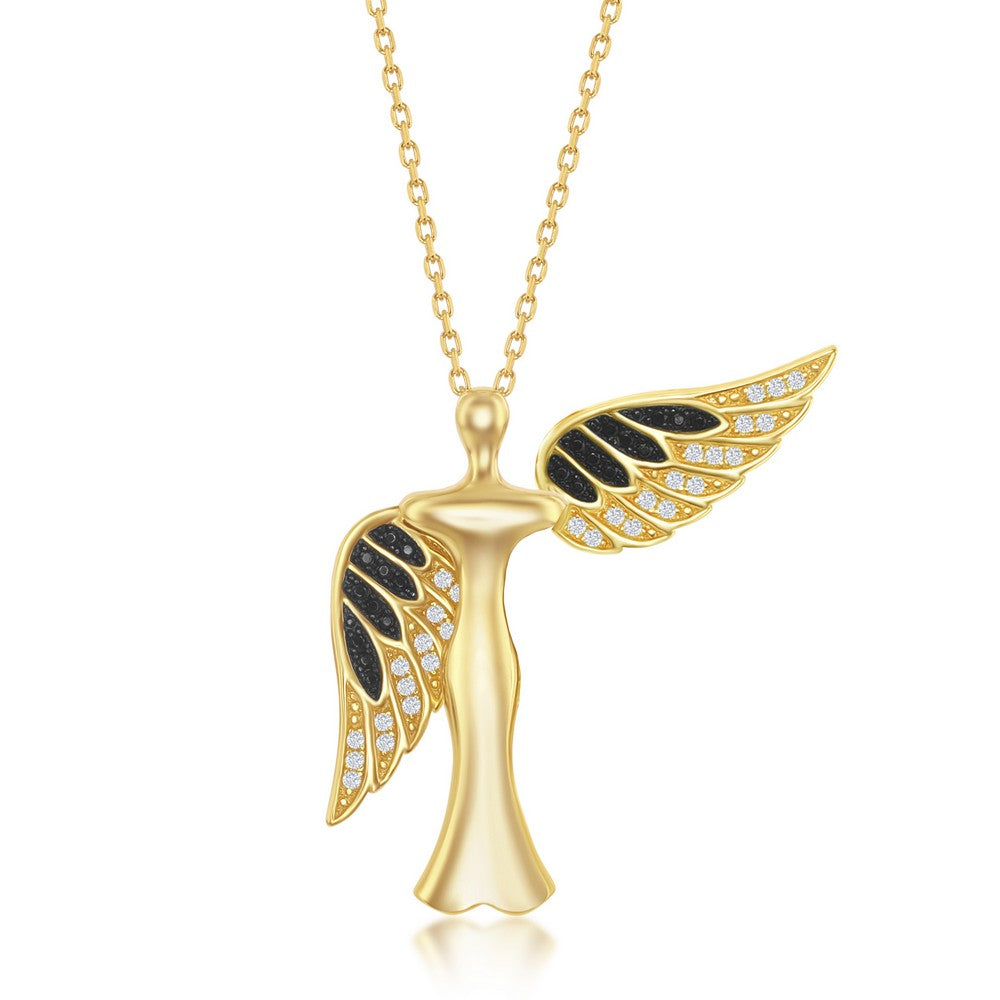 Sterling Silver CZ Angel Pendant W/Movable Wings - Gold Plated
