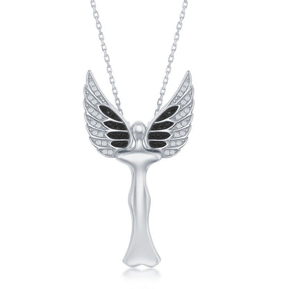 Sterling Silver CZ Angel  Pendant W/Movable Wings - Rhodum Plated