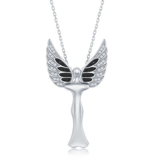 Sterling Silver CZ Angel  Pendant W/Movable Wings - Rhodum Plated