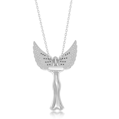 Sterling Silver CZ Angel  Pendant W/Movable Wings - Rhodum Plated