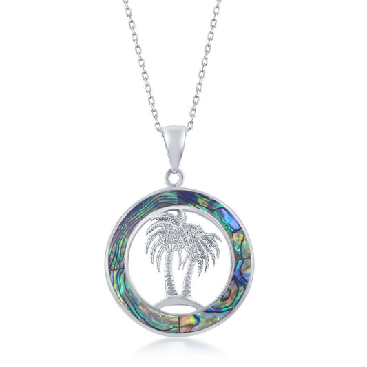 Sterling Silver Palm Trees Abalone Circle Pendant W/Chain