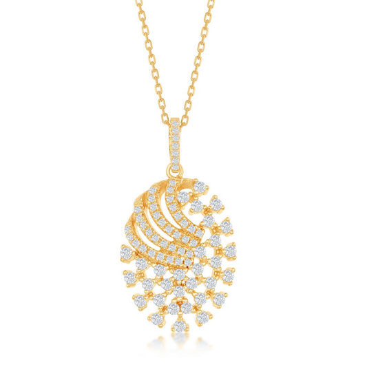 Sterling Silver Designed CZ Oval Pendant - Gold Plated