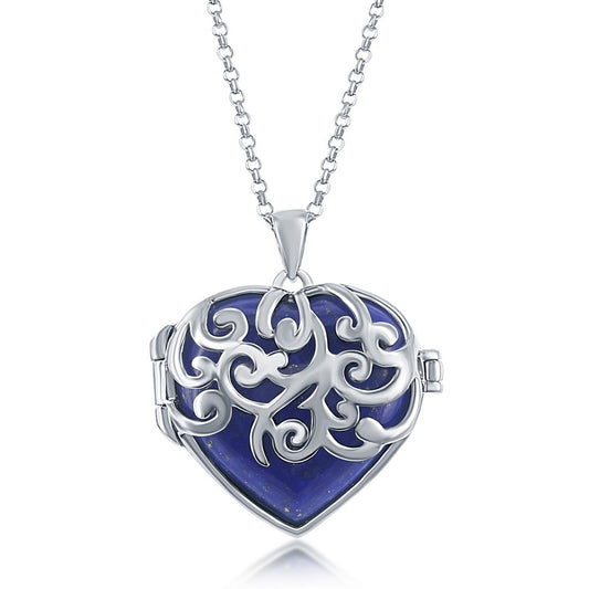Sterling Silver, Designed Heart Locket w/Chain - Lapis