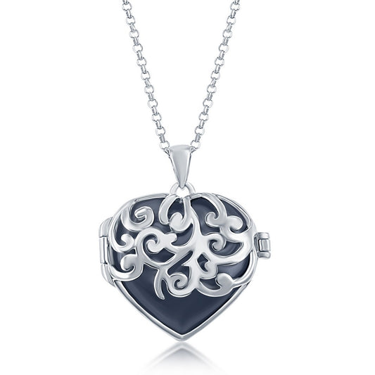 Sterling Silver Designed Heart Locket W/Chain - Black Agate
