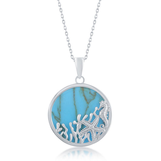 Sterling Silver Round Turquoise with Starfish and Seahorse Pendant