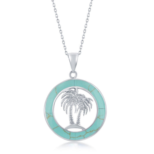 Sterling Silver Palm Trees Created Turquoise Circle Pendant W/Chain