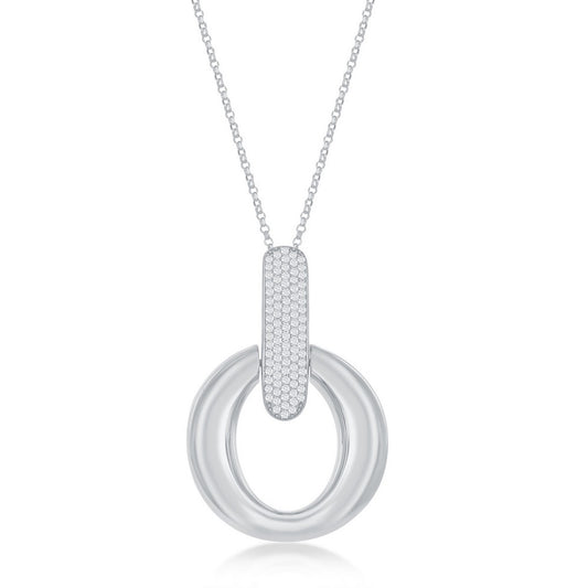 Sterling Silver Large Polished Door-Knocker Pave Pendant W/Chain