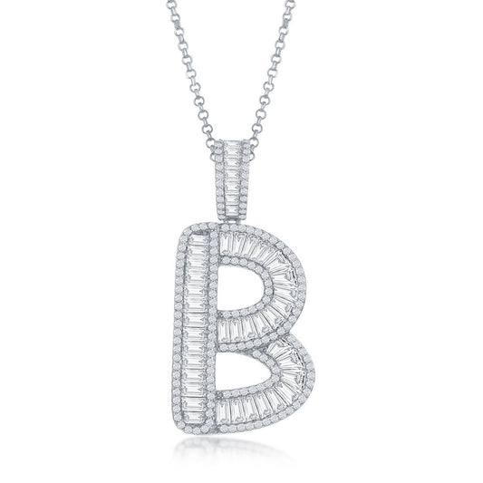 Sterling Silver Baguette CZ 'Extra Large' 'B' Initial Pendant W/Chain