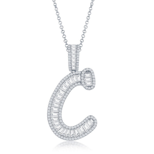 Sterling Silver Baguette CZ 'Extra Large' 'C' Initial Pendant W/Chain