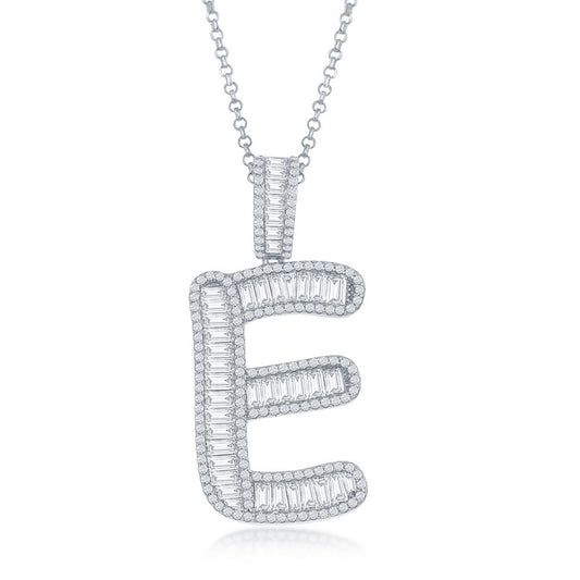 Sterling Silver Baguette CZ 'Extra Large' 'E' Initial Pendant W/Chain