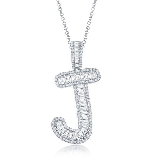 Sterling Silver Baguette CZ 'Extra Large' 'J' Initial Pendant W/Chain