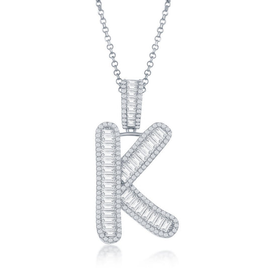 Sterling Silver Baguette CZ 'Extra Large' 'K' Initial Pendant W/Chain