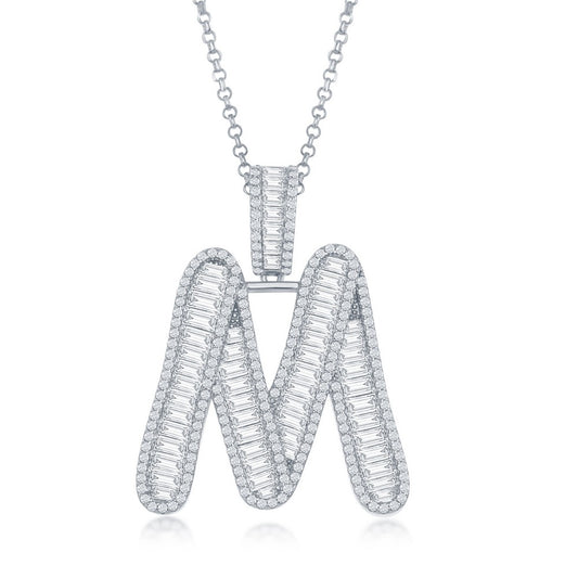 Sterling Silver Baguette CZ 'Extra Large' 'M' Initial Pendant W/Chain