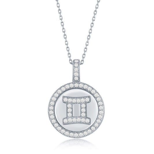 Sterling Silver Micro Pave 'Gemini' Zodiac Disc Pendant W/ Chain
