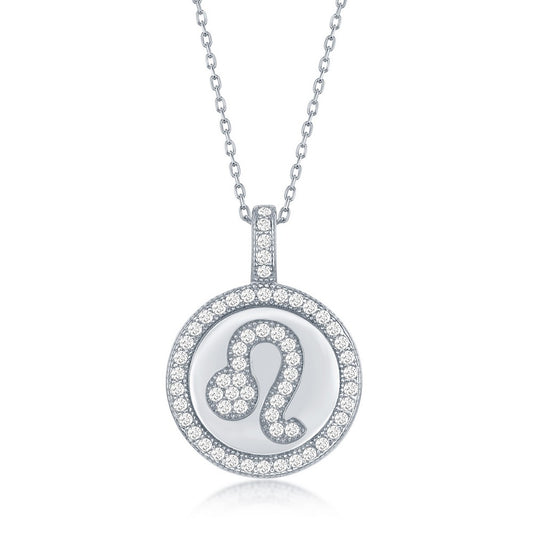 Sterling Silver Micro Pave 'Leo' Zodiac Disc Pendant W/ Chain