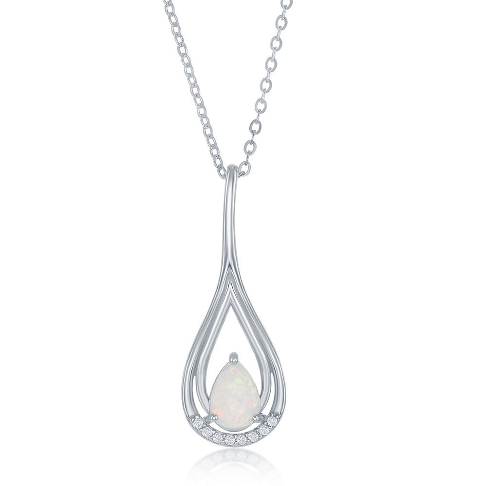 Sterling Silver White Opal Pearshaped With CZ Pendant