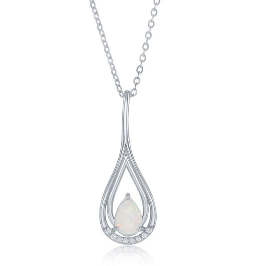 Sterling Silver White Opal Pearshaped With CZ Pendant