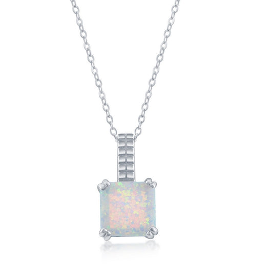 Sterling Silver Beaded Prong Square White Opal Pendant