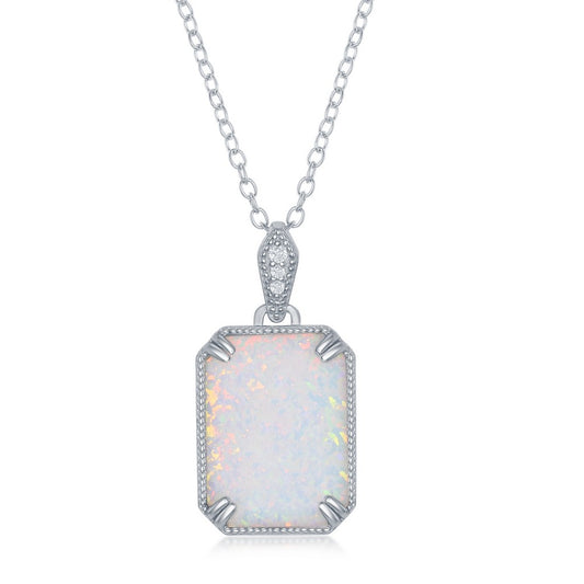 Sterling Silver, Rectangle White Opal, Beaded border CZ Pendant