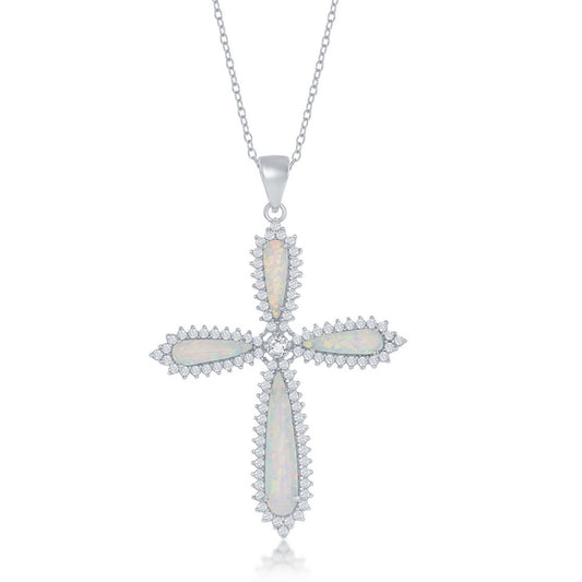 Sterling Silver, White Opal CZ Border Large Cross Pendant