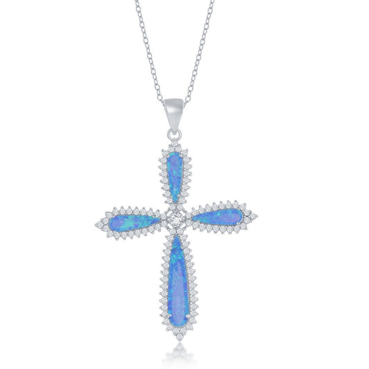 Sterling Silver, Blue Opal CZ Border Large Cross Pendant