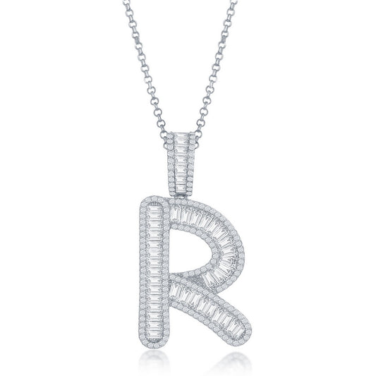 Sterling Silver Baguette CZ Extra Large 'R' Initial Pendant W/Chain