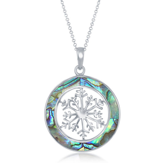 Sterling Silver Snowflake Round Pendant W/Chain - Abalone