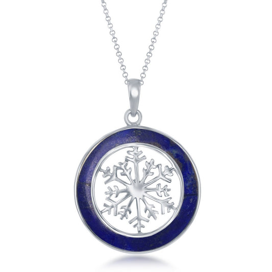 Sterling Silver Snowflake Round Pendant W/Chain - Lapis