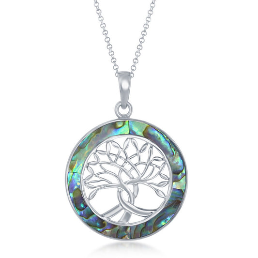 Sterling Silver Tree of Life Round Pendant W/Chain - Abalone