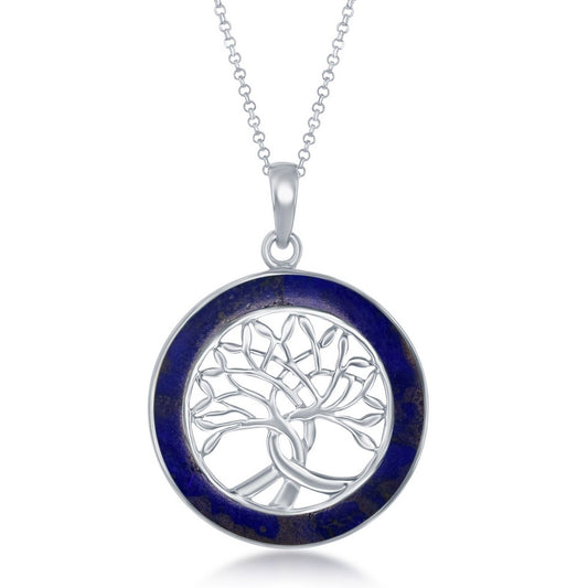 Sterling Silver Tree of Life Round Pendant W/Chain - Lapis