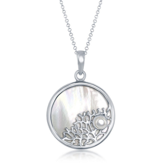 Sterling Silver Tree Branch with Small Pearl Round Pendant - MOP