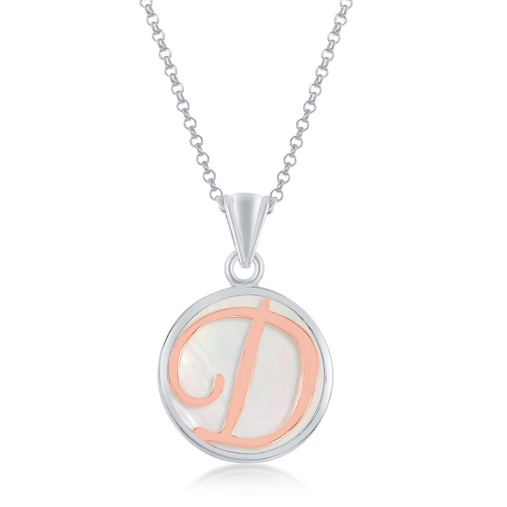 Sterling Silver MOP Pendant, Rose Gold 'D' Script Initial W/Chain