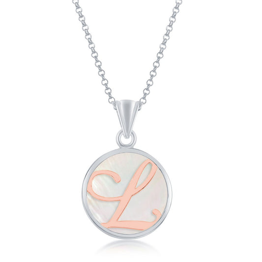 Sterling Silver MOP Pendant, Rose Gold 'L' Script Initial W/Chain