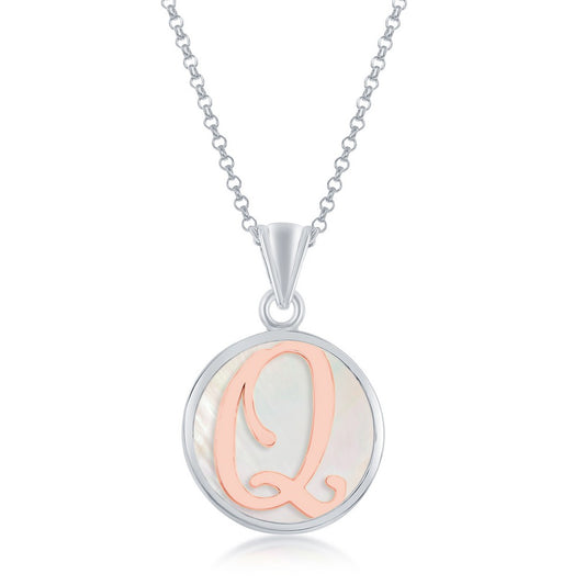 Sterling Silver MOP Pendant, Rose Gold 'Q' Script Initial W/Chain