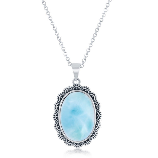 Sterling Silver Oval Larimar Filigree Design Oxidized Pendant
