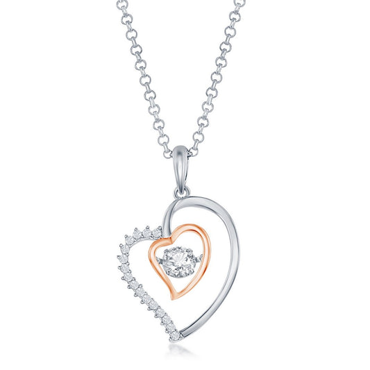 Sterling Silver, Double Heart CZ Pendant - Rose Gold Plated