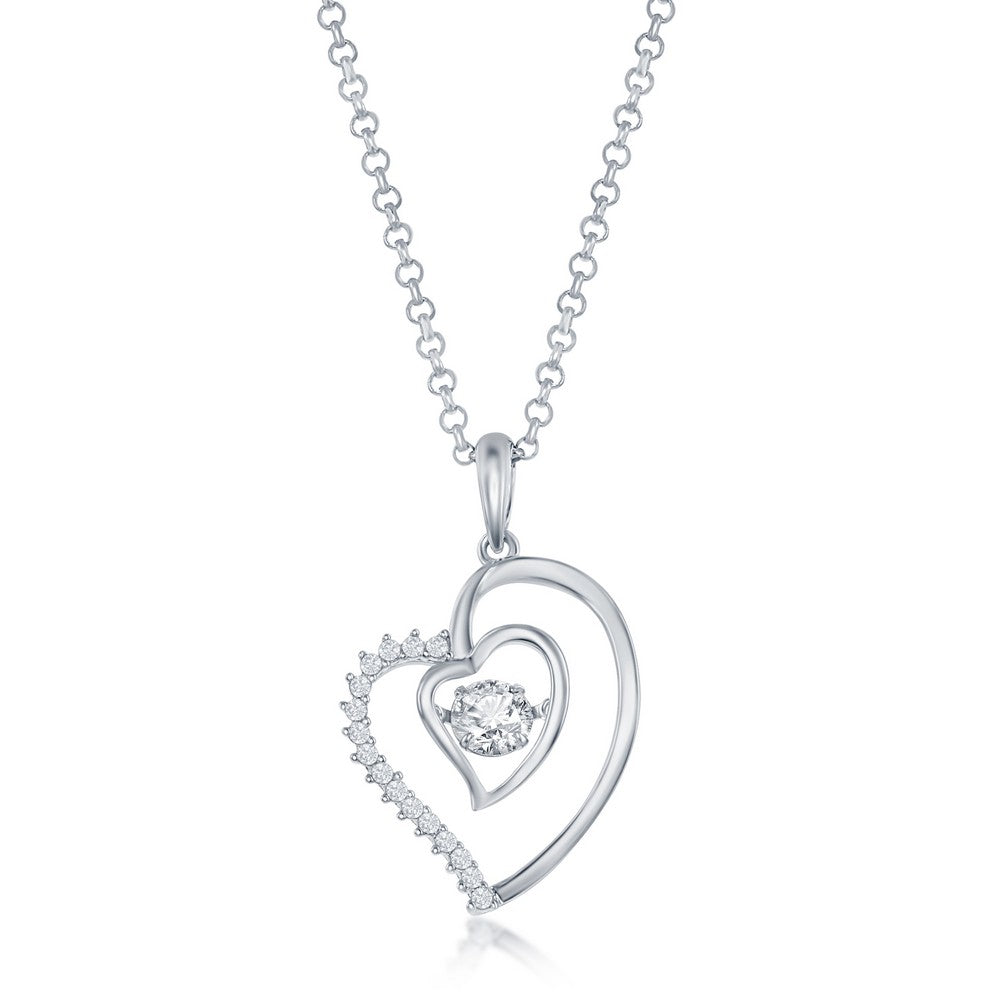 Sterling Silver, Double Heart Dancing CZ Pendant