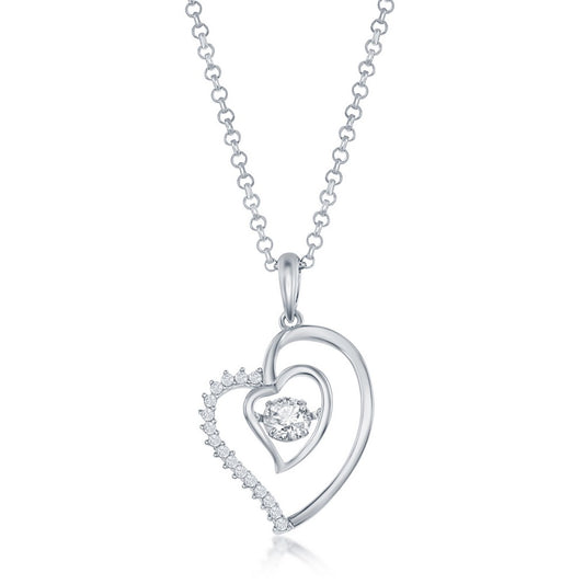 Sterling Silver, Double Heart Dancing CZ Pendant