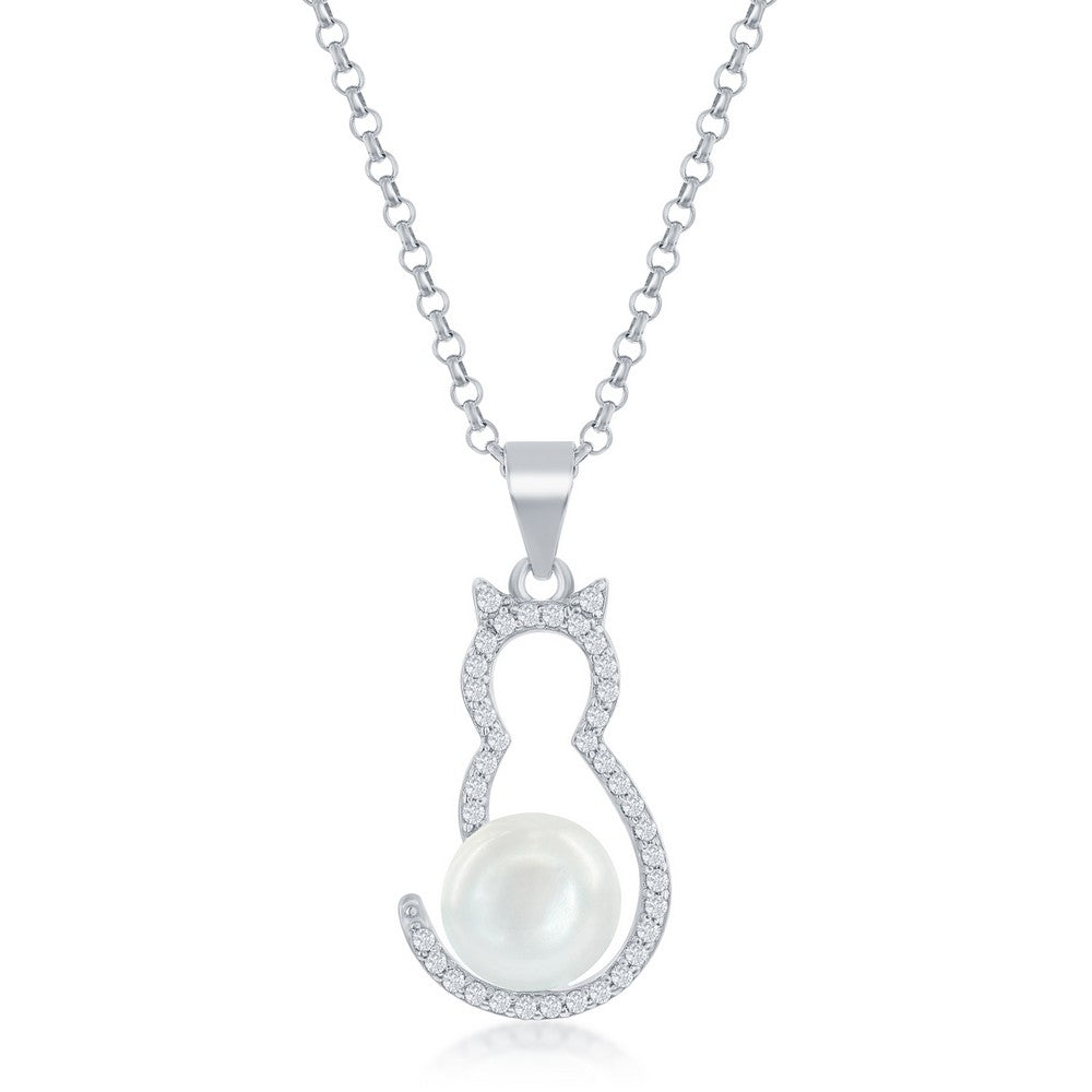 Sterling Silver CZ Cat with Round Pearl Pendant