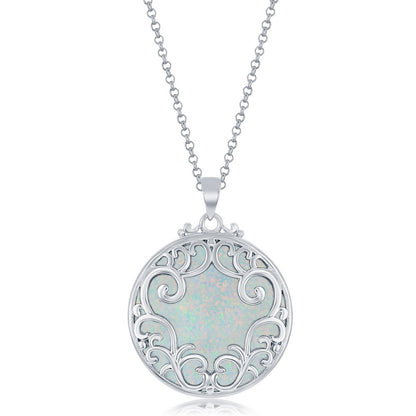 Sterling Silver Round Filigree Design Round White Opal Pendant w/Chain