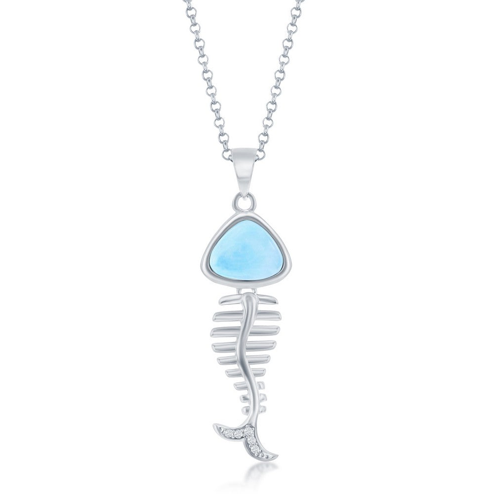 Sterling Silver Larimar and CZ Fish Skeleton Pendant