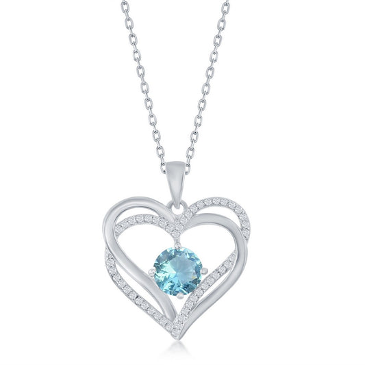 Sterling Silver Double Heart "March" Birthstone CZ Pendant w/Chain - Aqua CZ