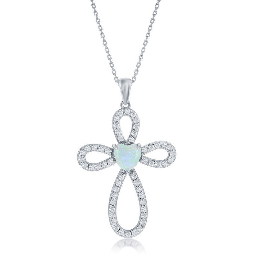 Sterling Silver White Opal & CZ Cross Pendant