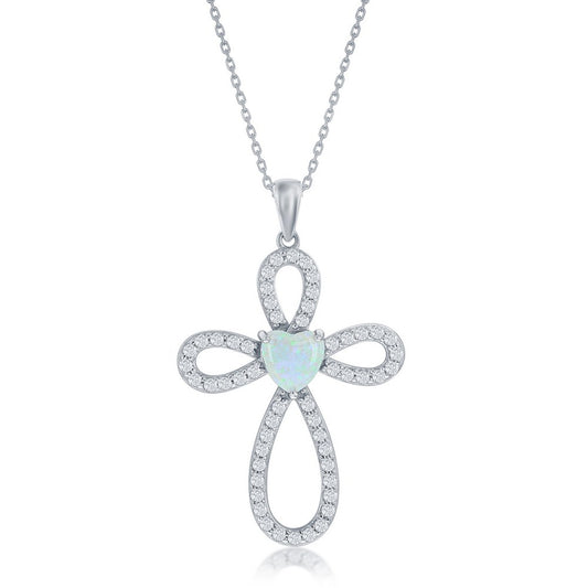 Sterling Silver White Opal & CZ Cross Pendant