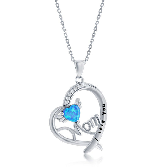 Sterling Silver 'I Love You, Mom' Angel Wing, CZ Heart Pendant - Blue Opal