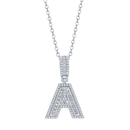 Sterling Silver 'A' Baguette CZ Initial Pendant w/Chain
