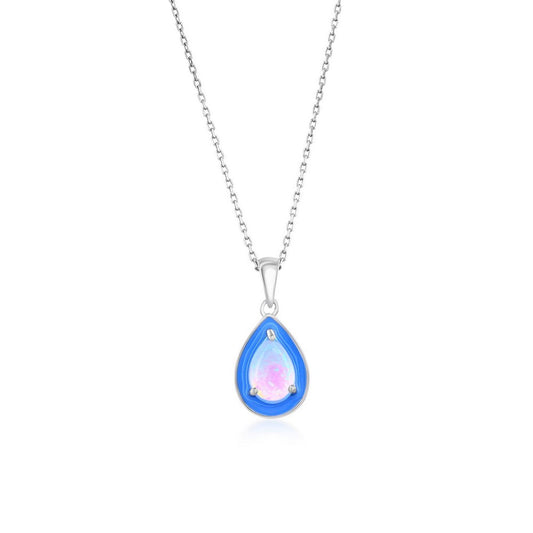 Sterling Silver White Opal & Blue Enamel Pearshaped Pendant