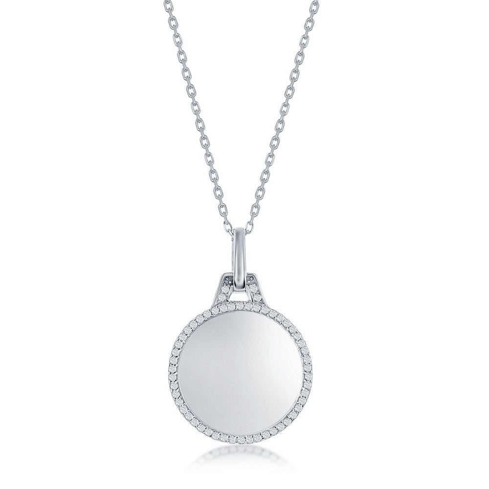 Sterling Silver, Polished Circle w/CZ Border Necklace