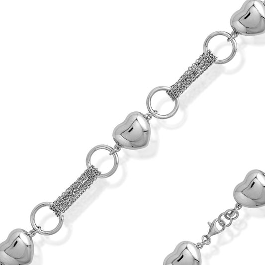 Sterling Silver Puffed Hearts, Open Circles and Multi-Strand Chain Bracelet