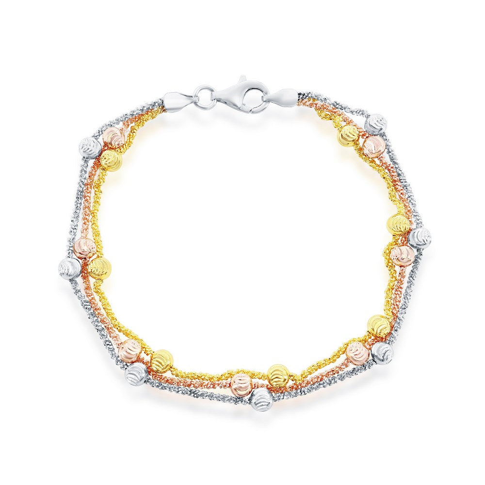 Sterling Silver Diamond Cut Beads Triple Strand Bracelet - Tri-Color
